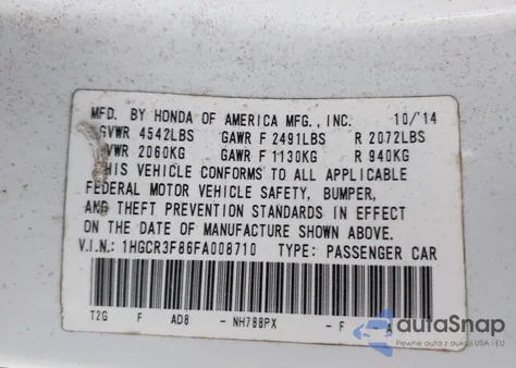 2015 Honda Accord Ex-L V-6 z USA, uszkodzony, nr VIN 1HGCR3F86FA008710